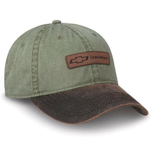 Load image into Gallery viewer, Chevy Truck Leather Patch Cap Dyed Olive Twill New Chevrolet Bowtie Hat