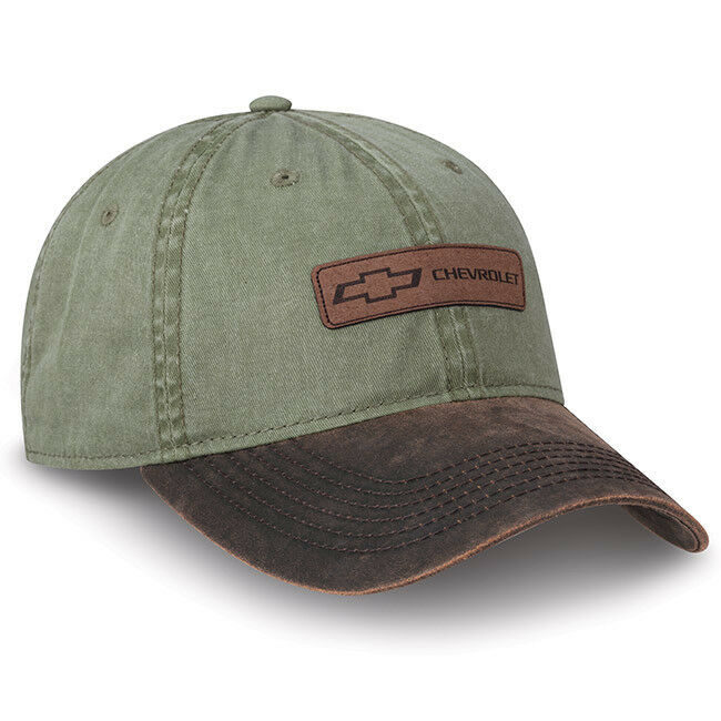 Chevy Truck Leather Patch Cap Dyed Olive Twill New Chevrolet Bowtie Hat