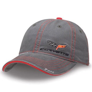 Corvette Gray Washed Twill C6 Cap Chevy Hat Red Logo Crown Emblem
