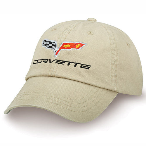 Corvette Washed Cotton C6 Logo Twill Cap Chevy Khaki Unconstructed Hat