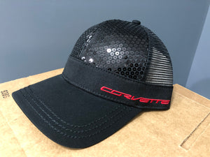 Corvette Twill & Mesh Sequined C7 Cap Chevy Hat Black Red Logo